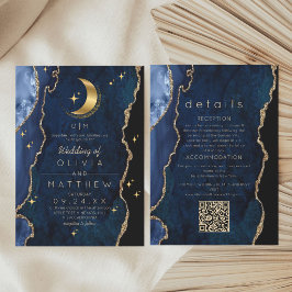 Convite Casamento Código QR Azul Marinho Celestial Tempera