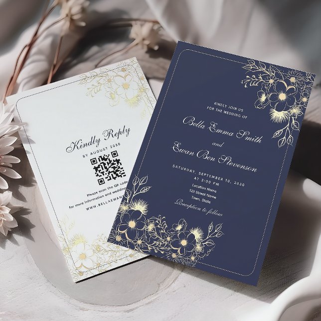 Convite Casamento Código QR Azul Marinho Clássico Dourado (Criador carregado)