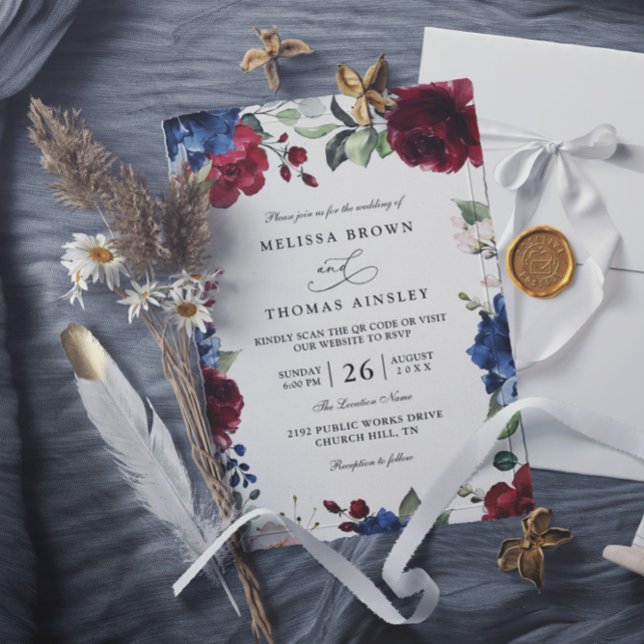 Convite Casamento Código QR Azul Marinho e Burgundy Blush  (Criador carregado)