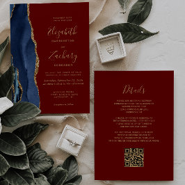 Convite Casamento Código QR Azul Naval Ágata Dourada Burgu