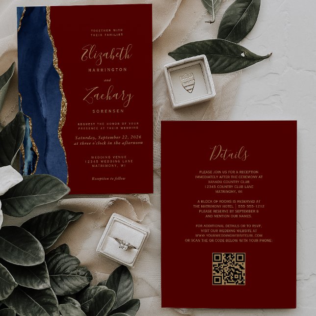 Convite Casamento Código QR Azul Naval Ágata Dourada Burgu (Criador carregado)