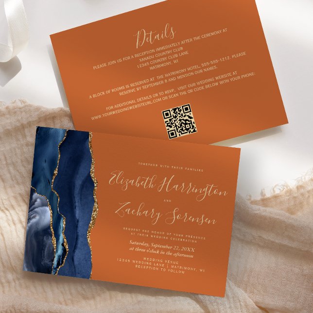 Convite Casamento Código QR Azul Naval Ágata Dourada Laran (Criador carregado)
