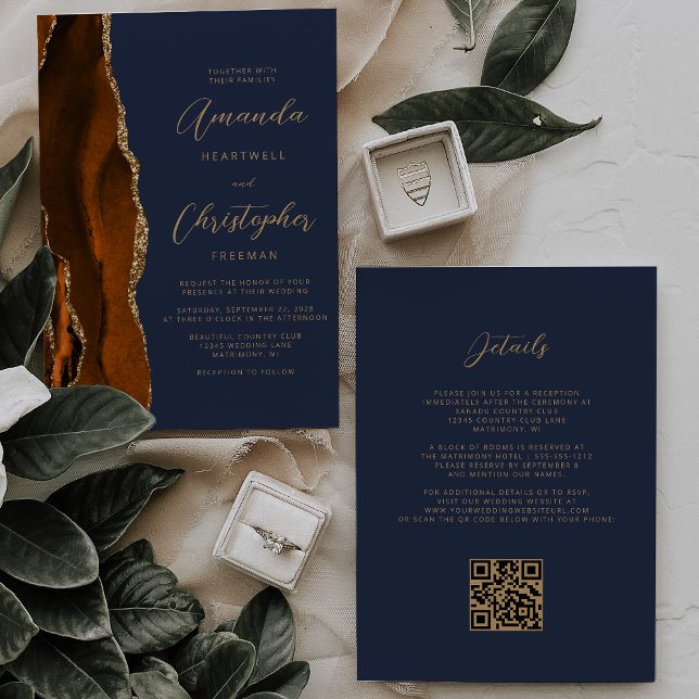 Convite Casamento Código QR Azul Naval Ágata Dourado Laran (Criador carregado)