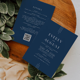 Convite Casamento Código QR Azul Naval Art Déco Clássico E