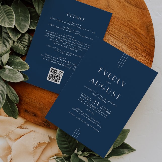 Convite Casamento Código QR Azul Naval Art Déco Clássico E (EVERLY Classic Art Deco Navy Blue QR Code Wedding Invitation)