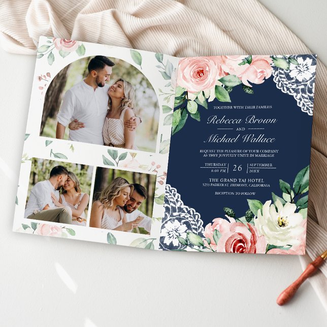 Convite Casamento Código QR Azul Naval de Renda Floral Ros (Criador carregado)