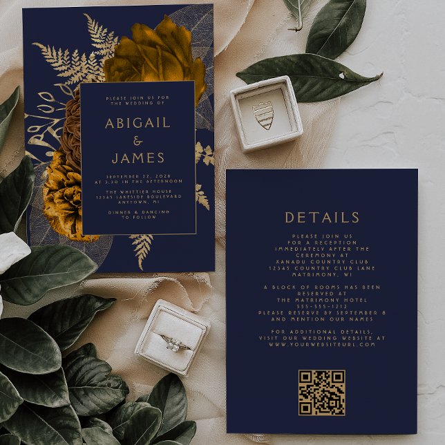 Convite Casamento Código QR Azul Naval Floral Dourado Lara (Criador carregado)