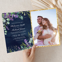 Convite Casamento Código QR Azul Naval Lavanda Eucalipto