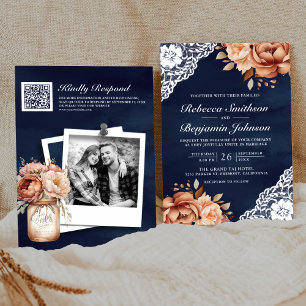 Convite Casamento Código QR Azul Naval Renda Floral Terrac