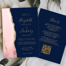 Casamento Código QR Azul Naval Rosa Dourado Ágata