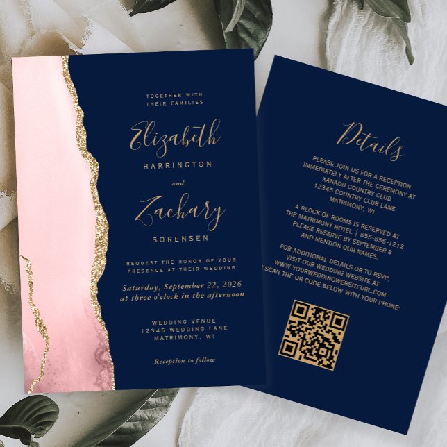 Convite Casamento Código QR Azul Naval Rosa Dourado Ágata (Criador carregado)