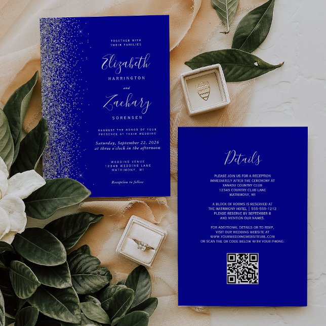 Convite Casamento Código QR Azul Real Brilho Prateado Mode (Criador carregado)