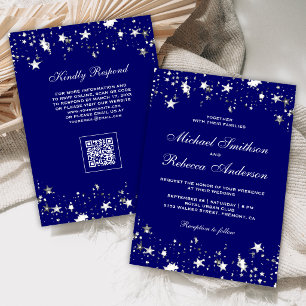 Convite Casamento Código QR Azul Real Confete Estrelas Pra
