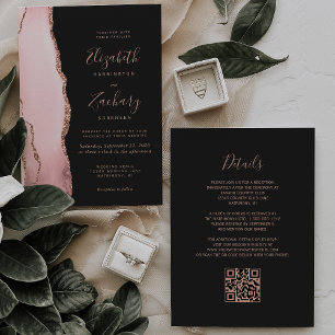 Convite Casamento Código QR Bege Rosa Ágata Escuro
