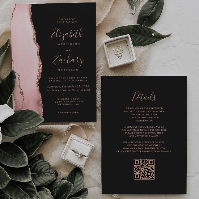 Convite Casamento Código QR Bege Rosa Ágata Escuro (Criador carregado)