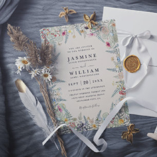 Convite Casamento Código QR Bege Samambaia Flor Silvestre