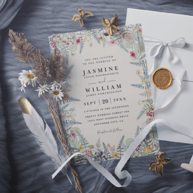 Convite Casamento Código QR Bege Samambaia Flor Silvestre  (Criador carregado)