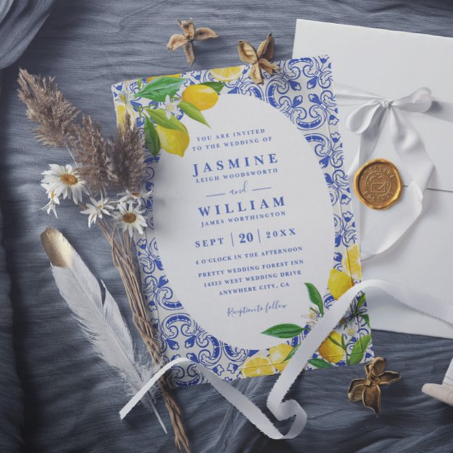 Convite Casamento Código QR Blue Boho Tiles e Limões (Criador carregado)