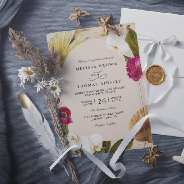 Convite Casamento Código QR Boho Chic Bege Neutro Verde Ve (Criador carregado)