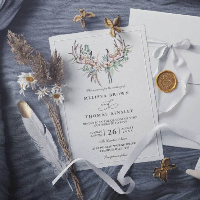Convite Casamento Código QR Boho Eucalipto Elegante Aquare (Criador carregado)