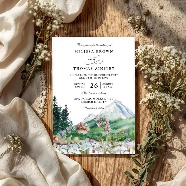 Convite Casamento Código QR Boho Flor Silvestre Montanha R (Criador carregado)