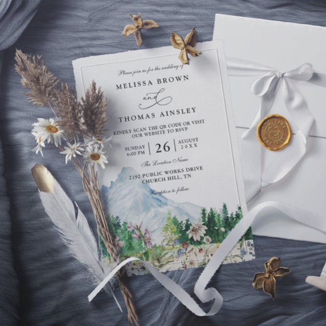 Convite Casamento Código QR Boho Flor Silvestre Montanha R (Criador carregado)