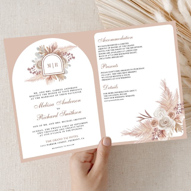Convite Casamento Código QR Boho Floral Bege Neutro Pampas (Criador carregado)