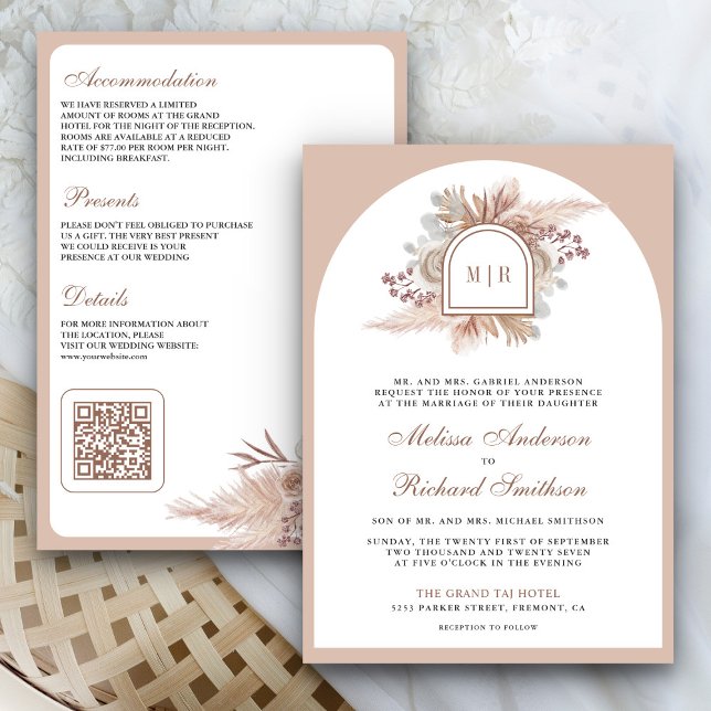 Convite Casamento Código QR Boho Floral Bege Neutro Pampas (Criador carregado)