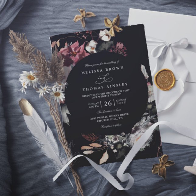Convite Casamento Código QR Boho Flores Rústicas Burgundy  (Criador carregado)