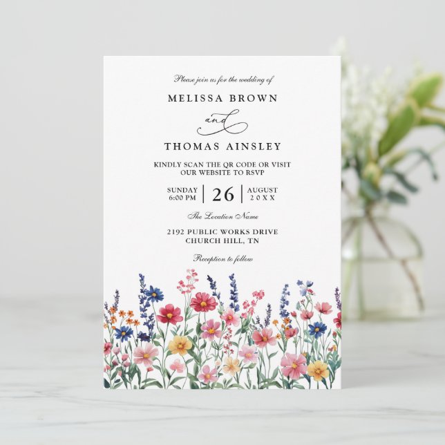 Convite Casamento Código QR Boho País Rústico Flor Silvest (Em pé/Frente)
