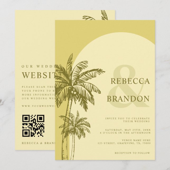 Convite Casamento Código QR Boho Praia Amarela Palmeira (Frente/Verso)
