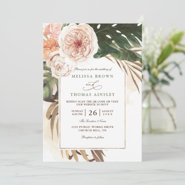 Convite Casamento Código QR Boho Tropical Floral Deserto C (Em pé/Frente)