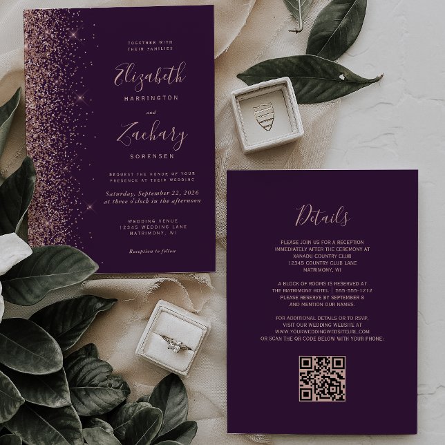 Convite Casamento Código QR Borda Glitter Rosa Dourado Rox (Criador carregado)
