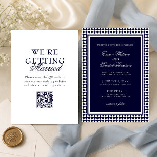 Convite Casamento Código QR Borda Harlequim Azul Marinho