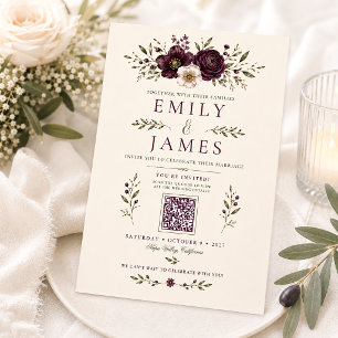 Convite Casamento Código QR Botânico Elegante Ameixa Oliva