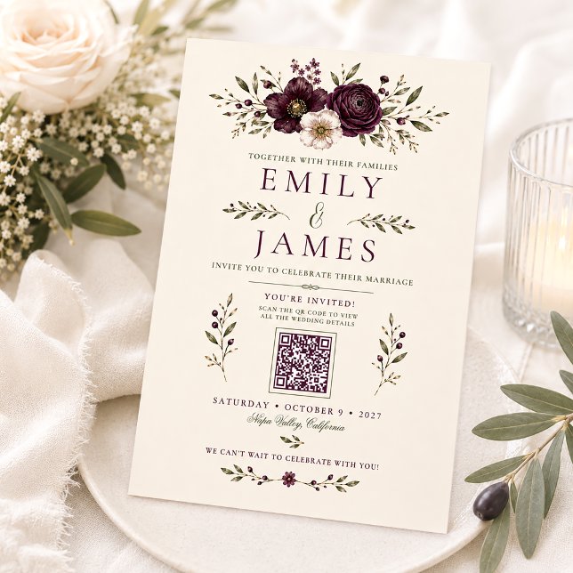 Convite Casamento Código QR Botânico Elegante Ameixa Oliva (Criador carregado)