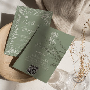 Convite Casamento Código QR Botânico Floral Verde Salvia B