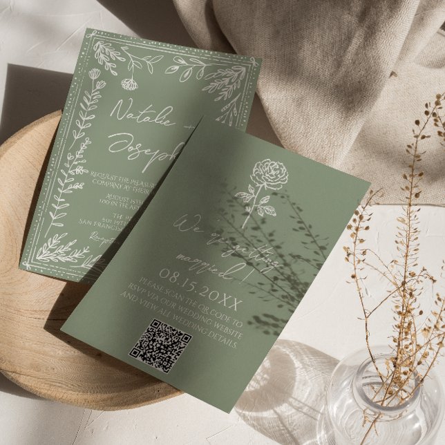 Convite Casamento Código QR Botânico Floral Verde Salvia B (Criador carregado)