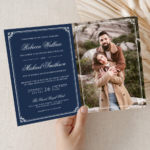 Convite Casamento Código QR Branco Azul Naval Foto Minimal