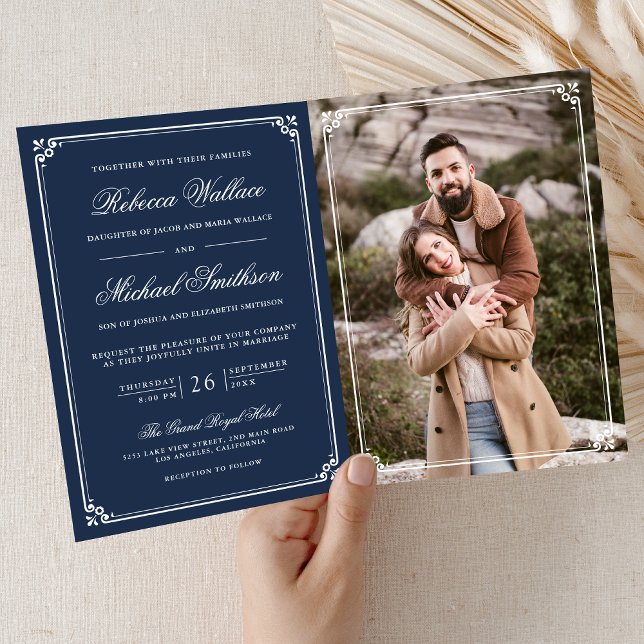 Convite Casamento Código QR Branco Azul Naval Foto Minimal (Criador carregado)