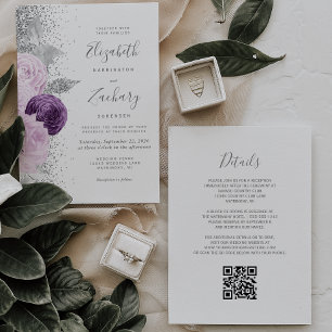 Convite Casamento Código QR Branco Brilho Prata Roxo Flora