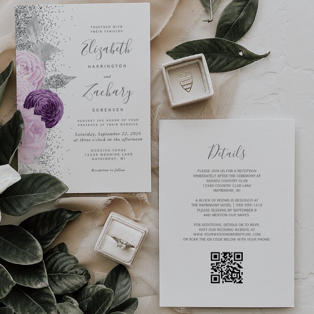 Convite Casamento Código QR Branco Brilho Prata Roxo Flora (Criador carregado)