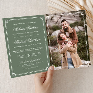 Convite Casamento Código QR Branco Verde Sage Minimalista