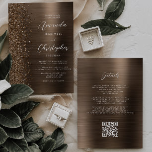 Convite Casamento Código QR Brilho de Metal Polido Bronze