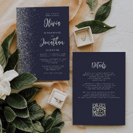Convite Casamento Código QR Brilho Prata Azul Escuro