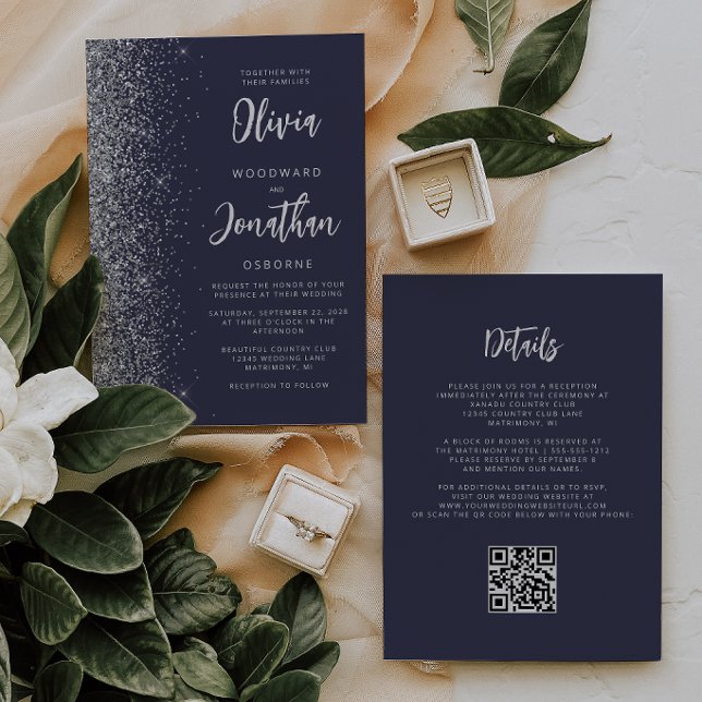 Convite Casamento Código QR Brilho Prata Azul Escuro (Criador carregado)