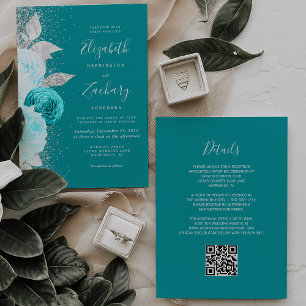 Convite Casamento Código QR Brilho Prata Turquesa Floral