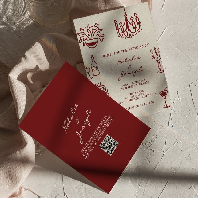Convite Casamento Código QR Burgundy Desenhado à Mão Capri (Criador carregado)