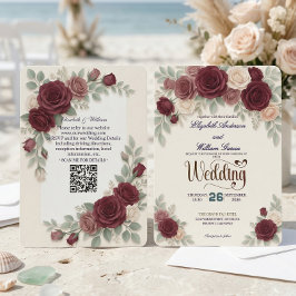 Convite Casamento Código QR Burgundy Elegante Tudo Em Um