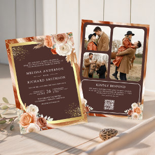 Convite Casamento Código QR Café Floral Terracota
